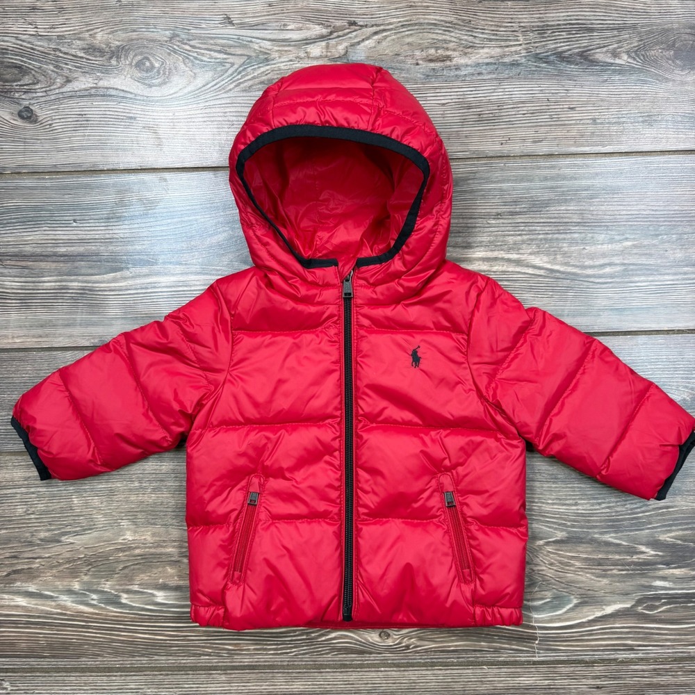 Ralph Lauren Kids 12M Puffer Jacket Red Hooded Down Fill Logo Excellent